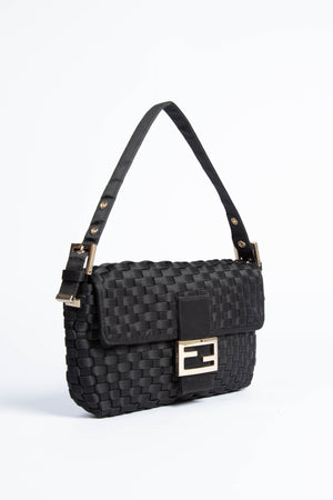 Vintage Fendi Black Woven Baguette Shoulder Bag