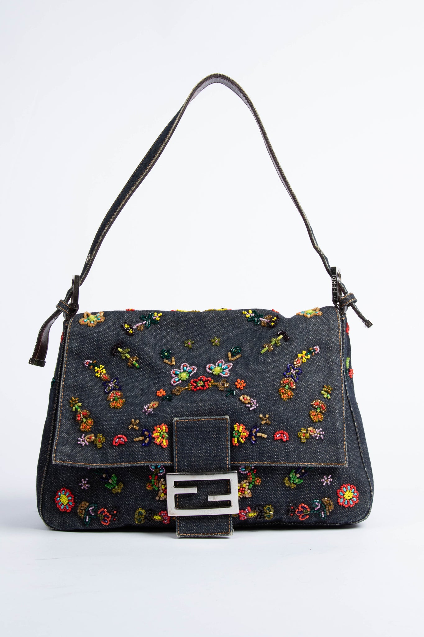 RARE Vintage Fendi Denim Beaded Mamma Baguette Shoulder Bag