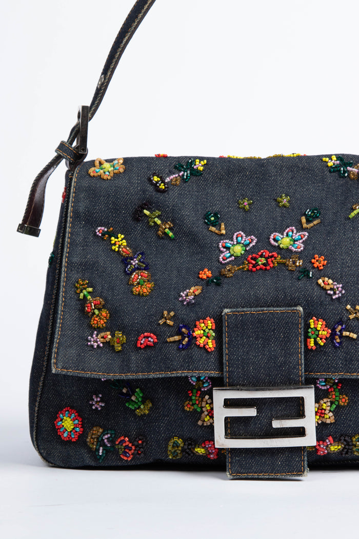 RARE Vintage Fendi Denim Beaded Mamma Baguette Shoulder Bag