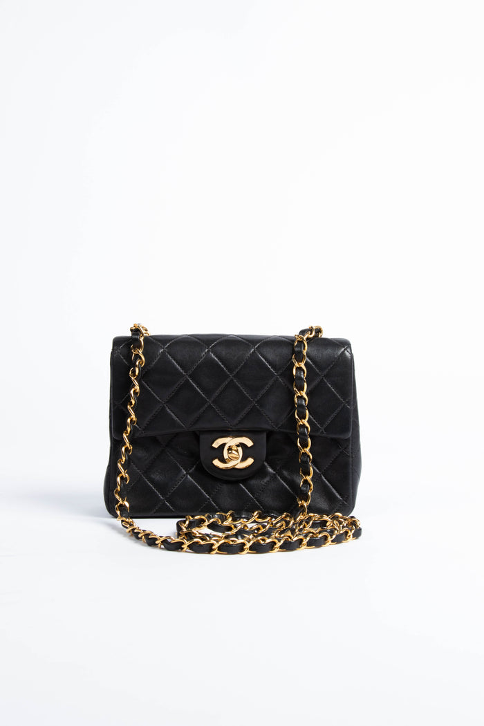 90s Chanel Black Lambskin Mini Square Bag with 24K GHW