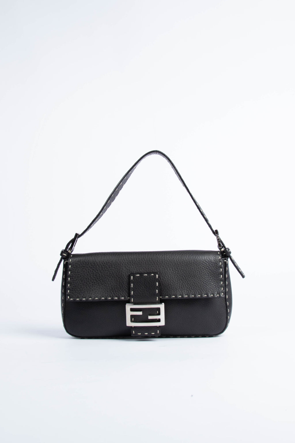 Vintage Fendi Black Leather Selleria Baguette Shoulder Bag