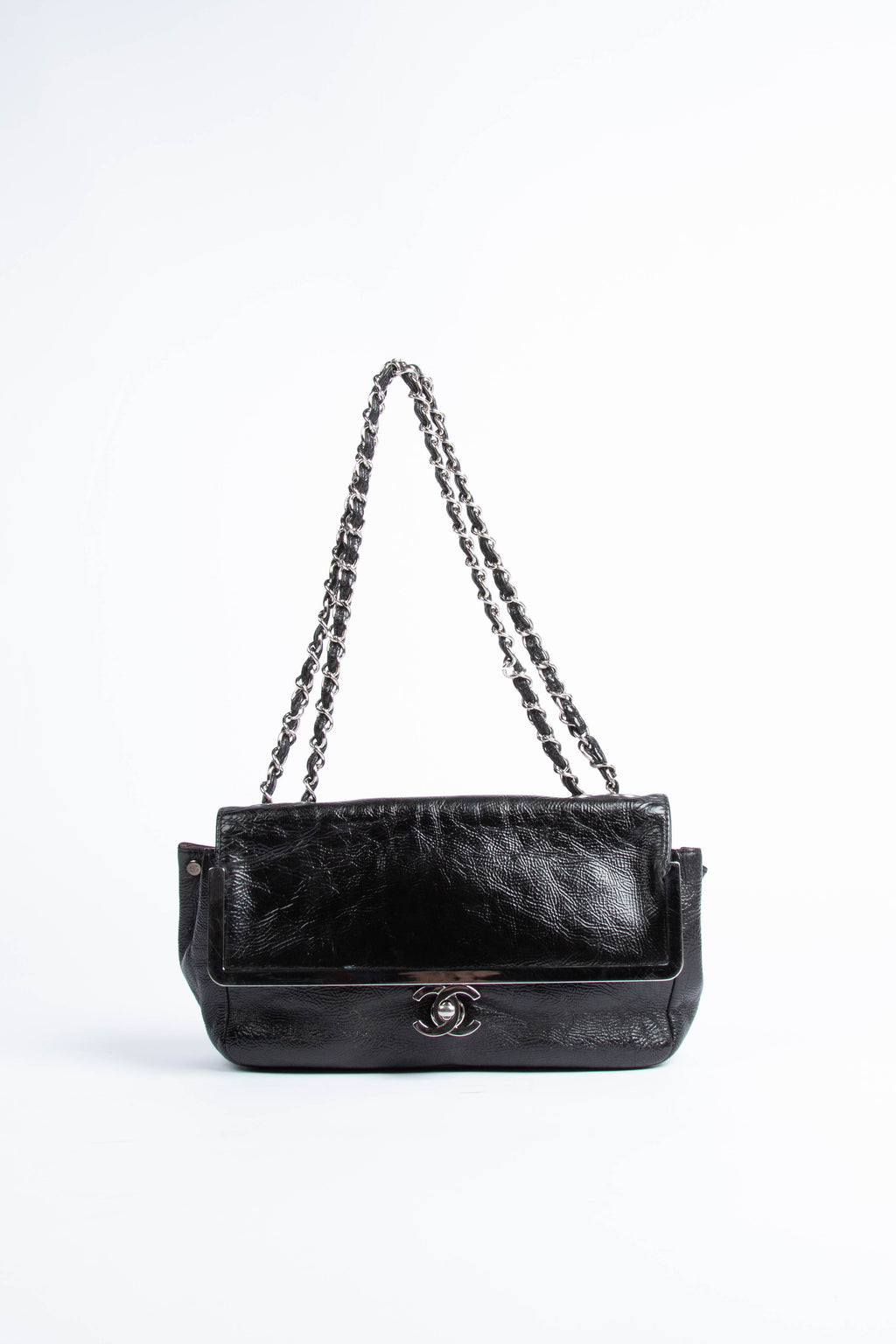 2000s Chanel Black Textured Leather Shoulder Bag with SHW