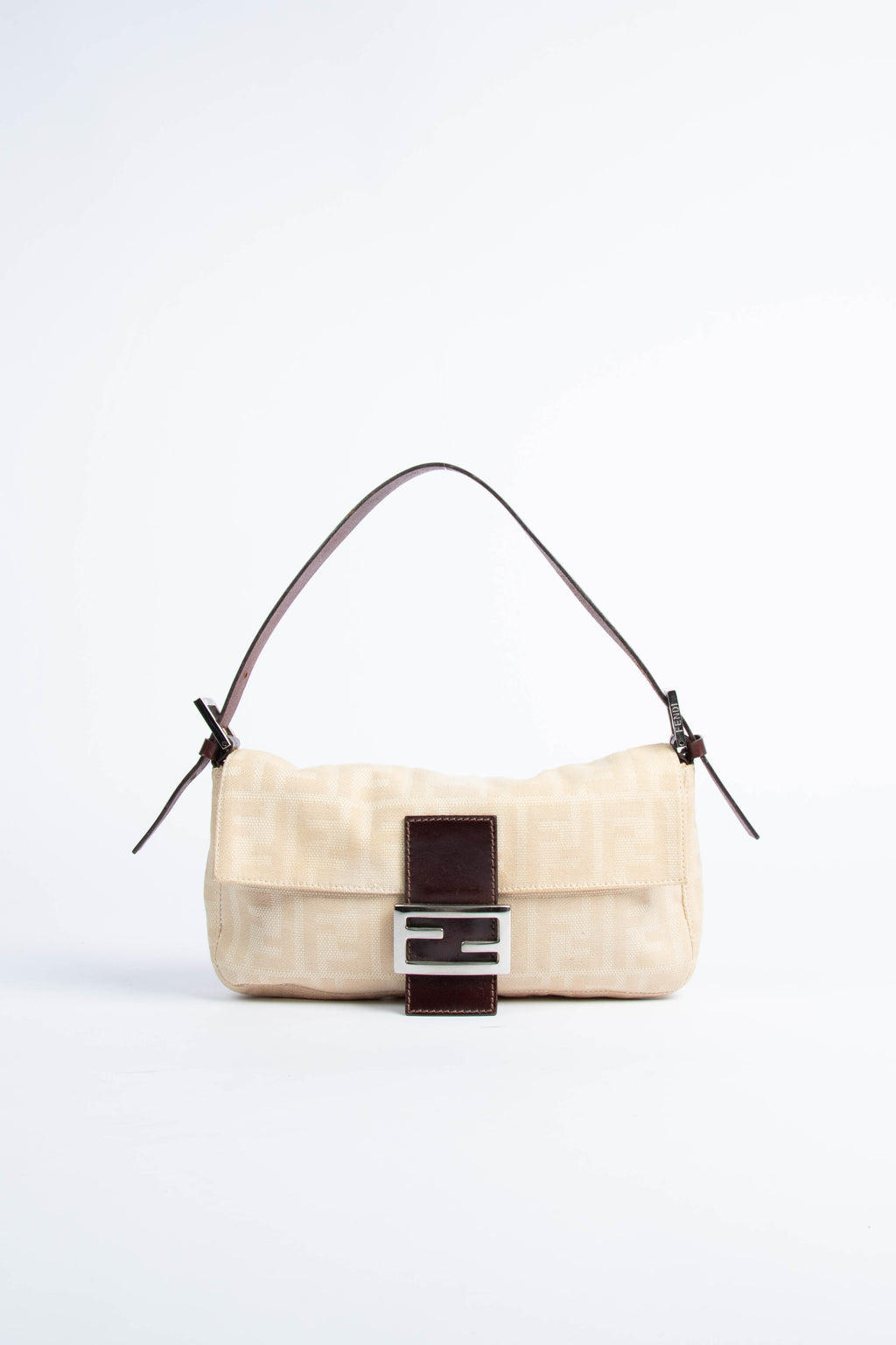 Vintage Fendi Cream Canvas Zucca Baguette Shoulder Bag