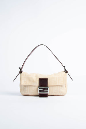 Vintage Fendi Cream Canvas Zucca Baguette Shoulder Bag