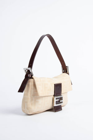 Vintage Fendi Cream Canvas Zucca Baguette Shoulder Bag