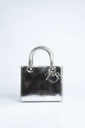 Vintage Christian Dior Medium Silver Leather Lady Dior