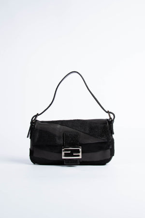 Vintage Fendi Black Leather & Pony Hair Baguette Shoulder Bag