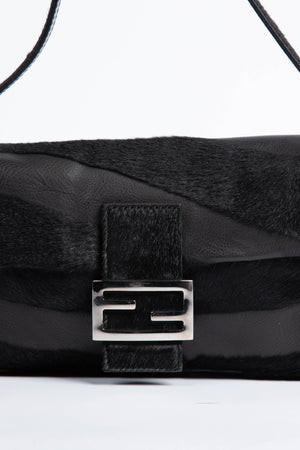 Vintage Fendi Black Leather & Pony Hair Baguette Shoulder Bag