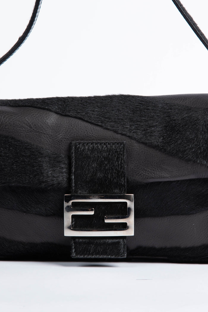 Vintage Fendi Black Leather & Pony Hair Baguette Shoulder Bag