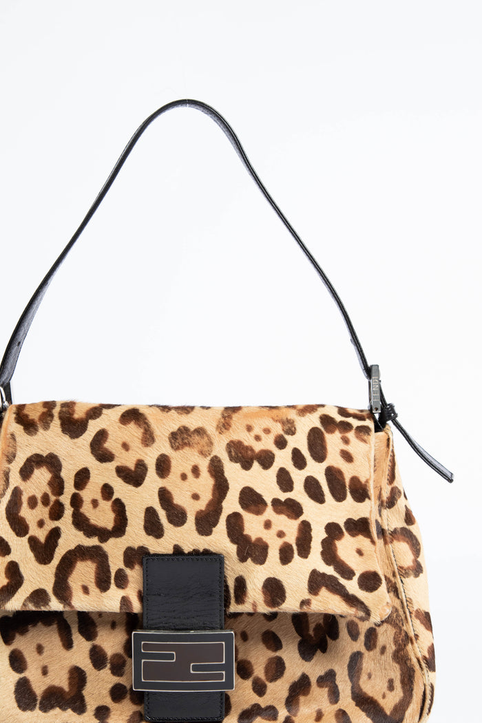 Vintage Fendi Leopard Pony Hair Mamma Baguette Shoulder Bag