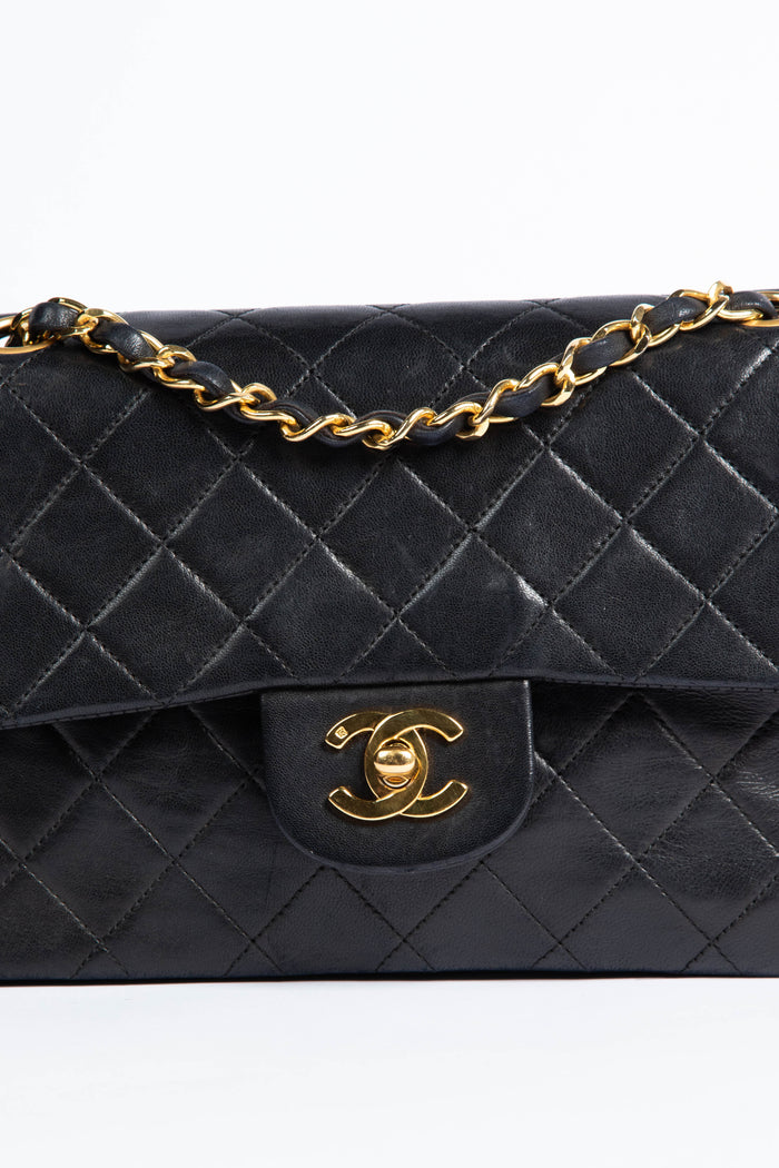 90s Chanel Black Lambskin Small Double Flap Shoulder Bag 24k GHW