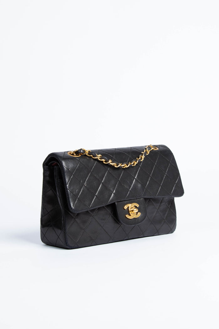 90s Chanel Black Lambskin Small Double Flap Shoulder Bag 24k GHW