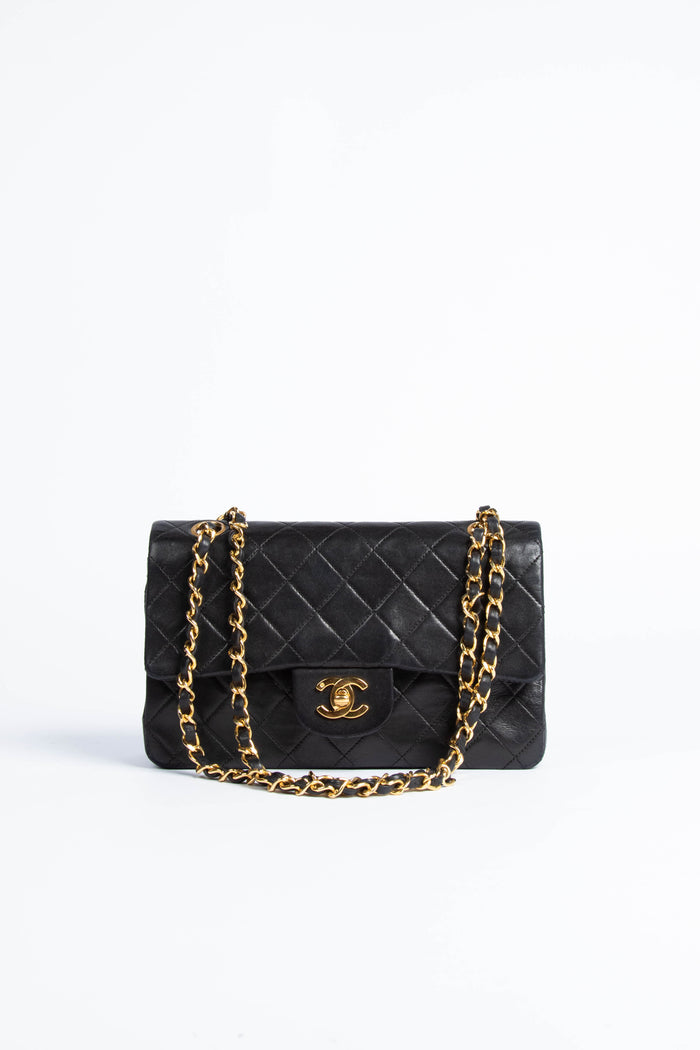 90s Chanel Black Lambskin Small Double Flap Shoulder Bag 24k GHW