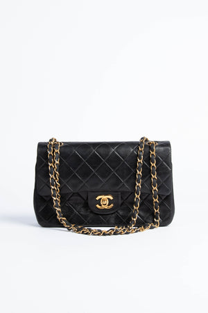 90s Chanel Black Lambskin Small Double Flap Shoulder Bag 24k GHW