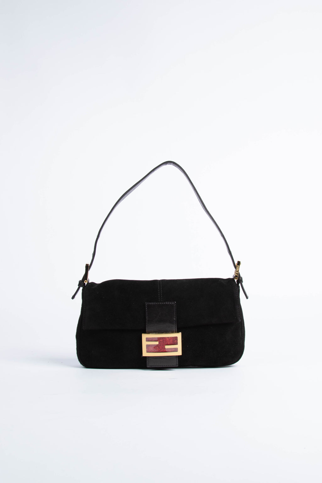 Vintage Fendi Black Suede Baguette Shoulder Bag