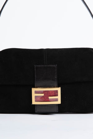 Vintage Fendi Black Suede Baguette Shoulder Bag