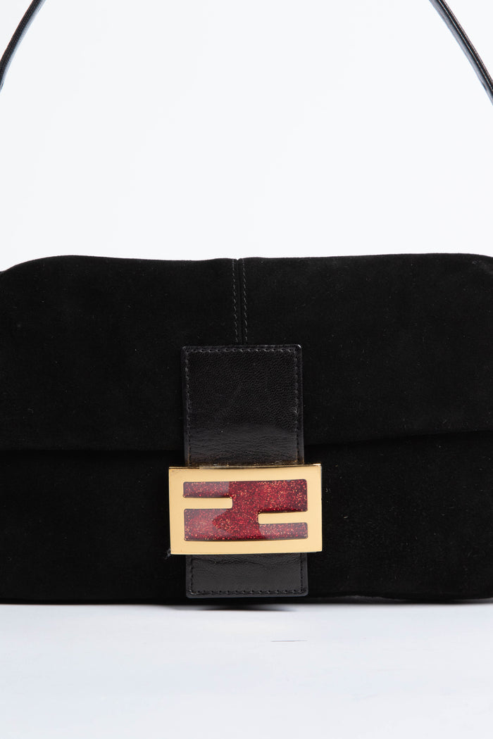 Vintage Fendi Black Suede Baguette Shoulder Bag