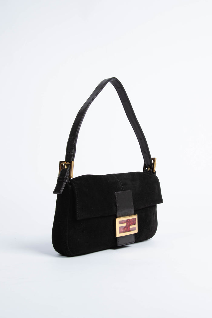 Vintage Fendi Black Suede Baguette Shoulder Bag