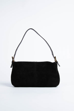 Vintage Fendi Black Suede Baguette Shoulder Bag