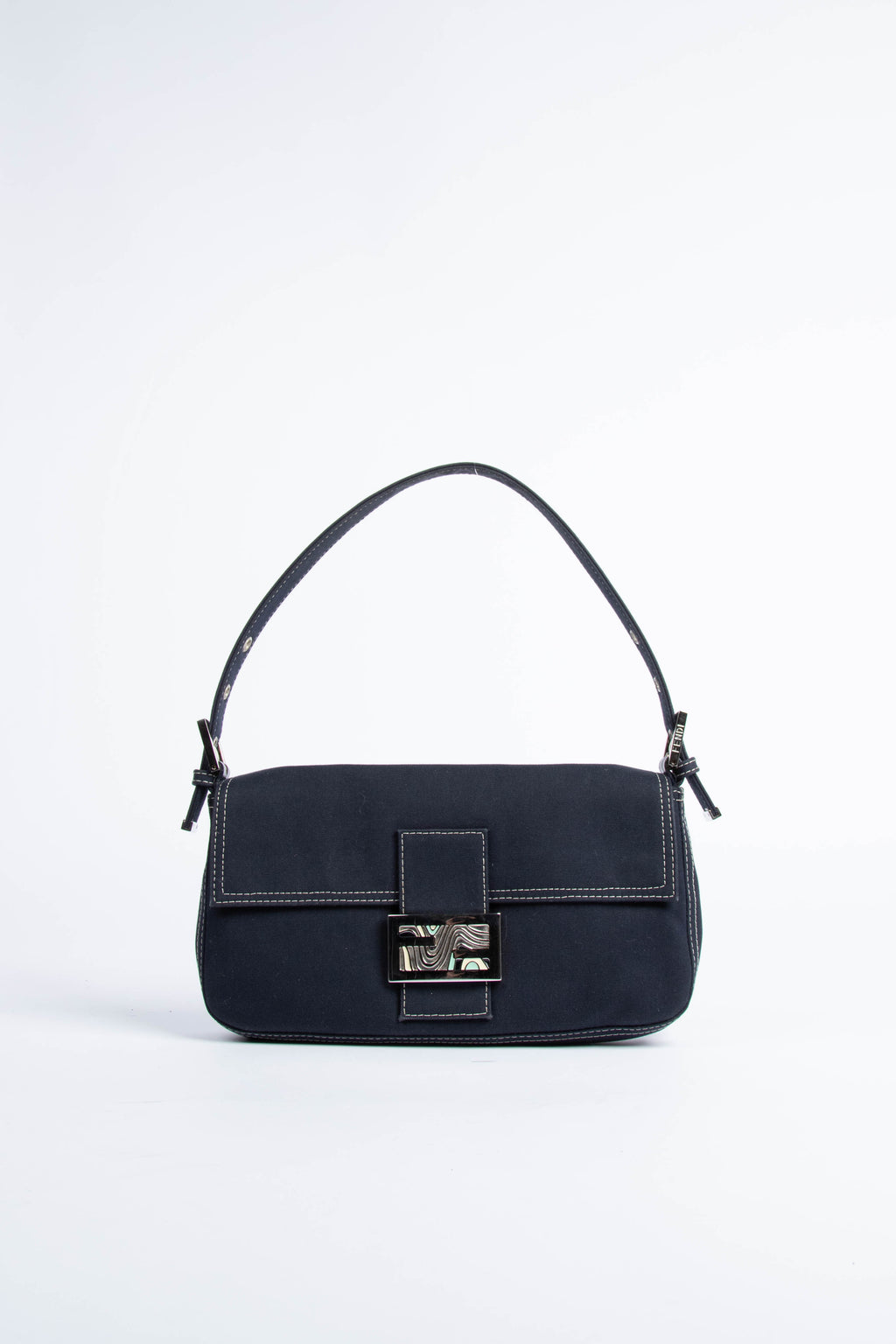 Vintage Fendi Navy Canvas Baguette Shoulder Bag