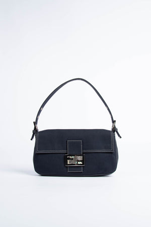 Vintage Fendi Navy Canvas Baguette Shoulder Bag