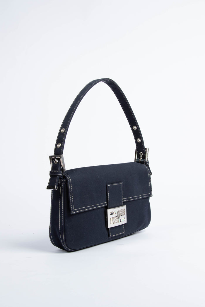 Vintage Fendi Navy Canvas Baguette Shoulder Bag