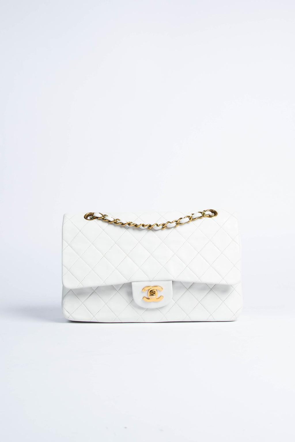 90s Vintage Chanel White Classic Medium Double Flap GHW