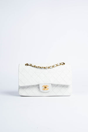 90s Vintage Chanel White Classic Medium Double Flap GHW