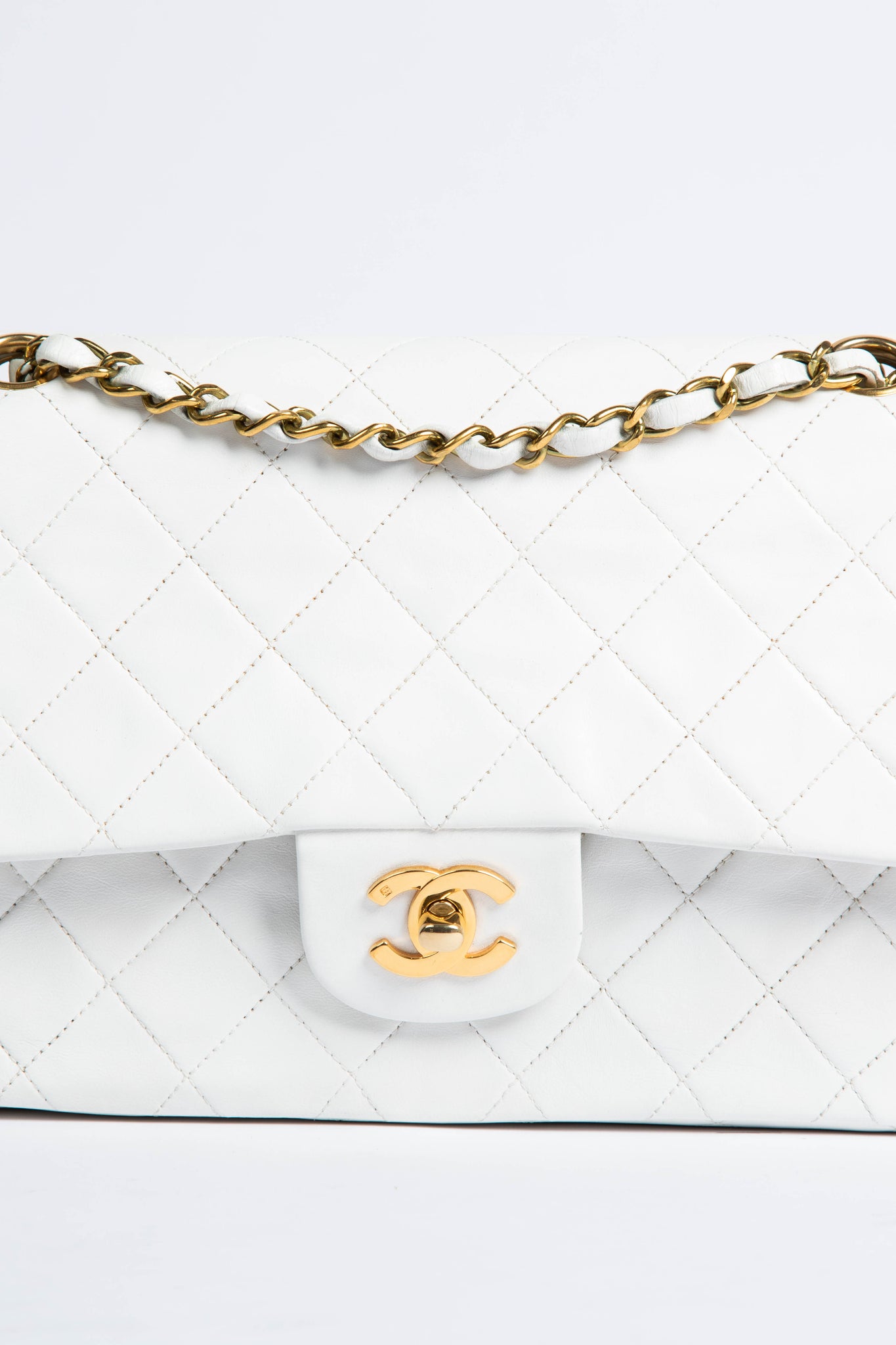 90s Vintage Chanel White Classic Medium Double Flap GHW