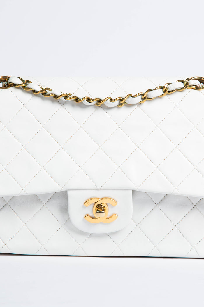 90s Vintage Chanel White Classic Medium Double Flap GHW