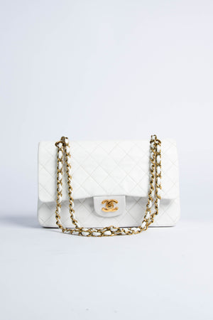 90s Vintage Chanel White Classic Medium Double Flap GHW