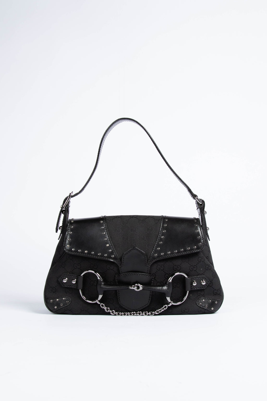 Vintage Gucci Black GG Monogram Studded Horsebit Shoulder Bag