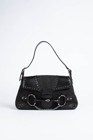 Vintage Gucci Black GG Monogram Studded Horsebit Shoulder Bag