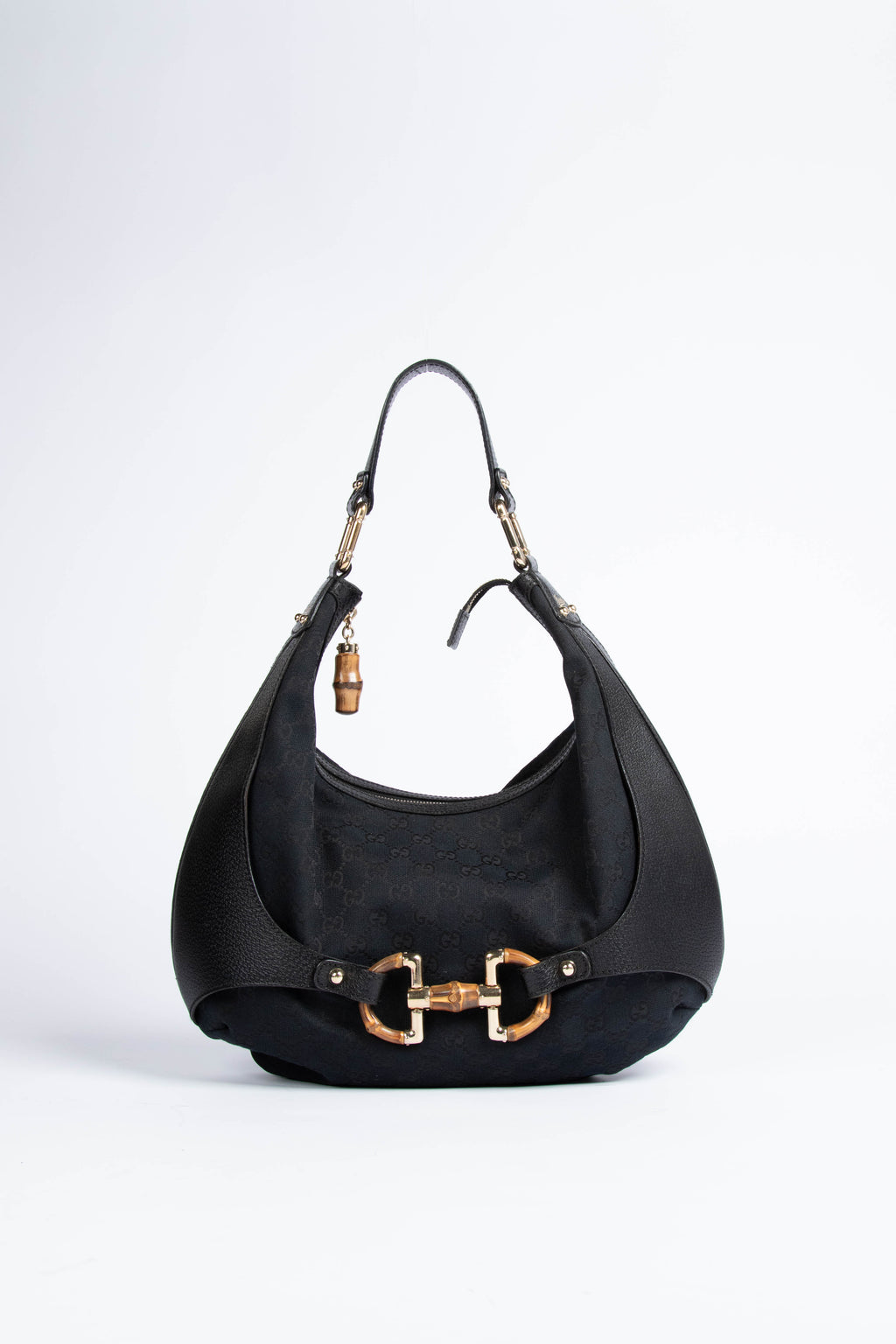 Vintage Gucci GG Black Monogram Canvas and Bamboo Horsebit Shoulder Bag