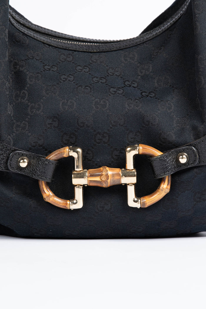 Vintage Gucci GG Black Monogram Canvas and Bamboo Horsebit Shoulder Bag