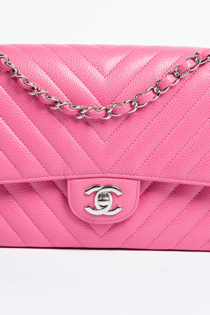 RARE 2019 Chanel Pink Caviar Chevron Medium Double Flap with SHW