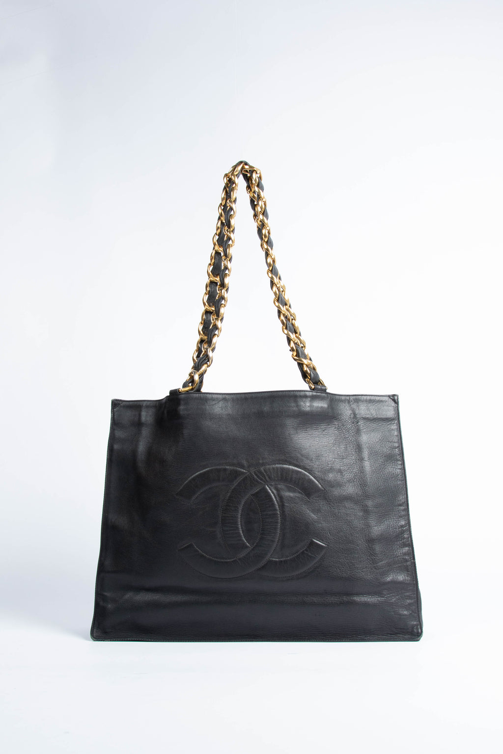 90s Chanel Black Lambskin Leather Shopper Tote