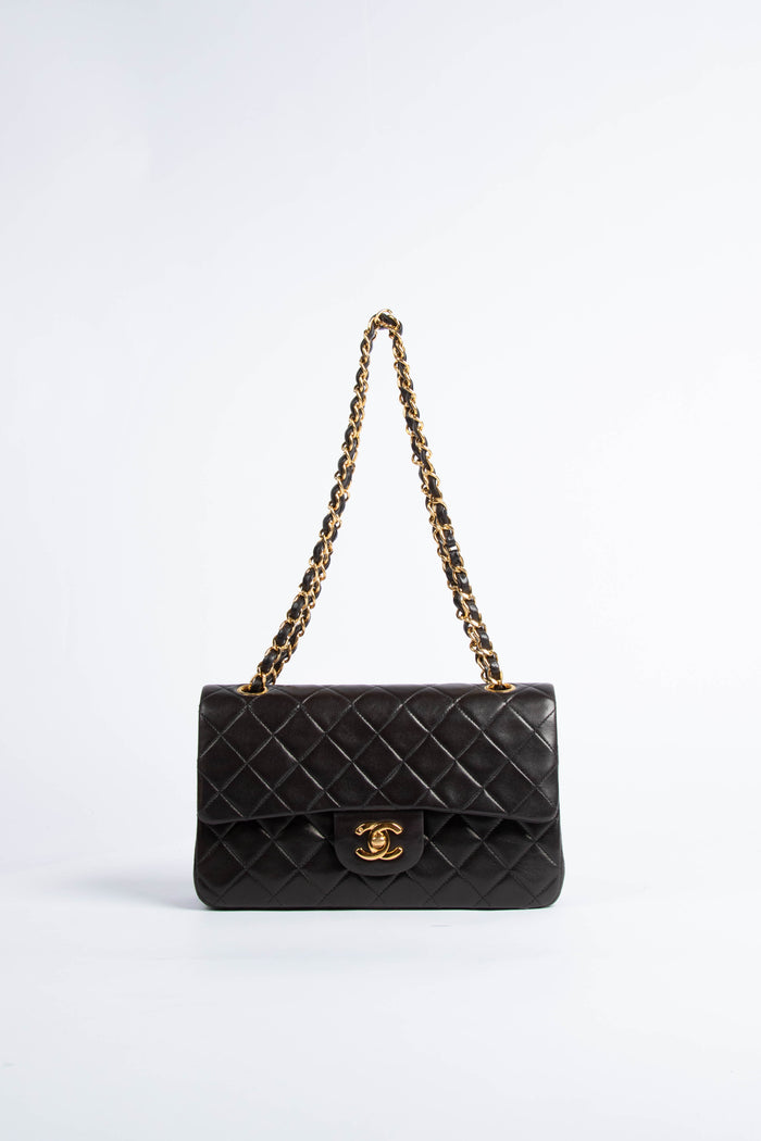 90s Chanel Espresso Black Lambskin Small Double Flap Shoulder Bag 24k GHW