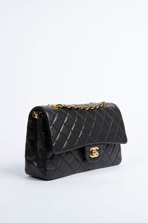 90s Chanel Black Lambskin Medium Classic Double Flap with 24K GHW