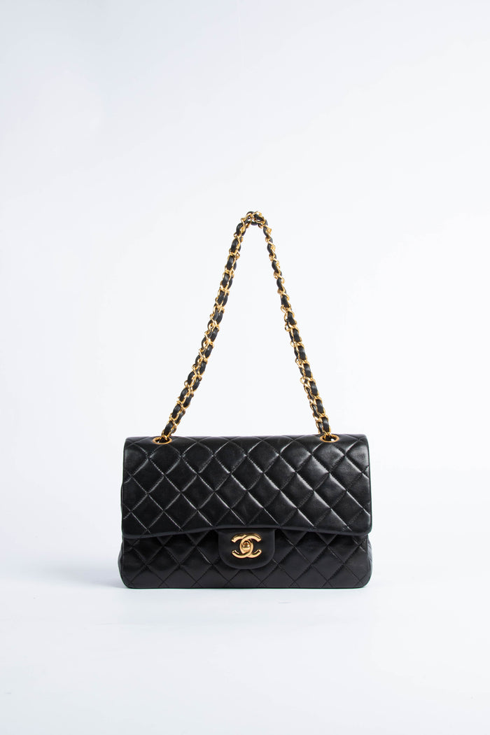 90s Chanel Black Lambskin Medium Classic Double Flap with 24K GHW