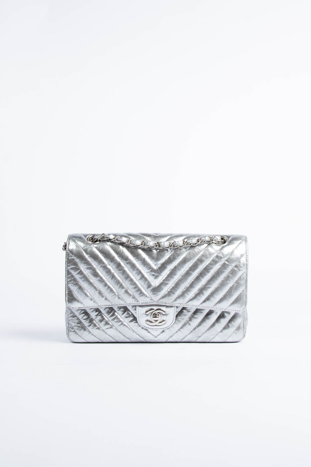 2018 Chanel Silver Chevron Double Flap Shoulder Bag with SHW