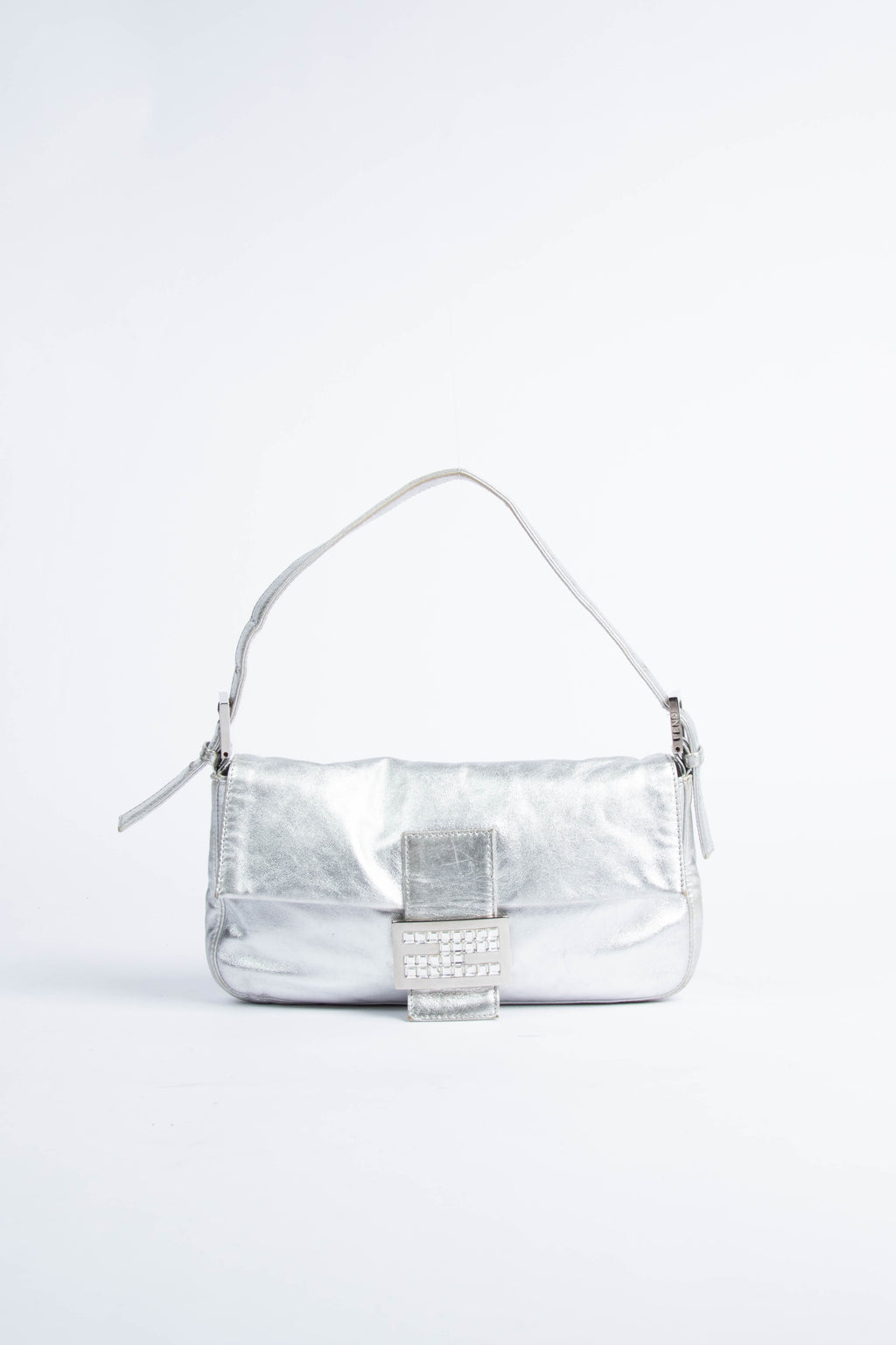 RARE Fendi Silver Crystal Baguette Shoulder Bag