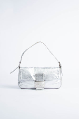 RARE Fendi Silver Crystal Baguette Shoulder Bag