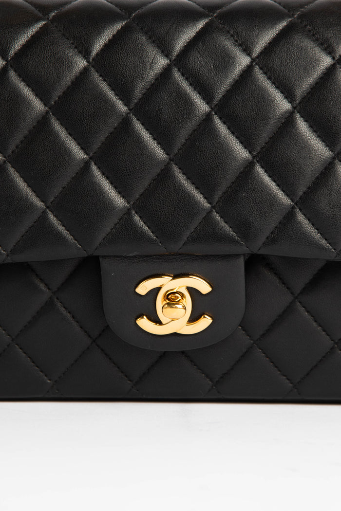 90s Chanel Black Lambskin Medium Classic Double Flap with 24K GHW