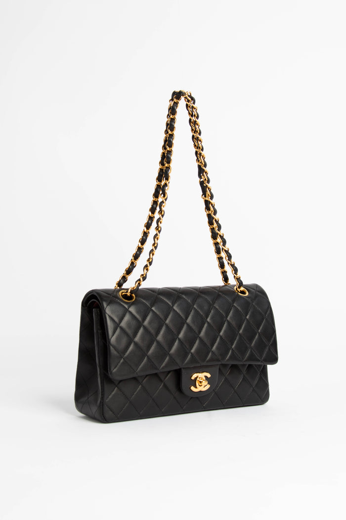 90s Chanel Black Lambskin Medium Classic Double Flap with 24K GHW