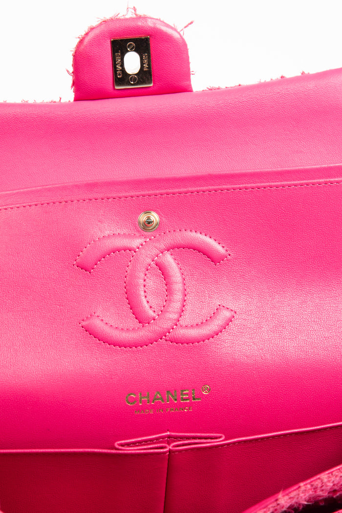2020s Chanel Pink Tweed Medium Double Flap Shoulder Bag