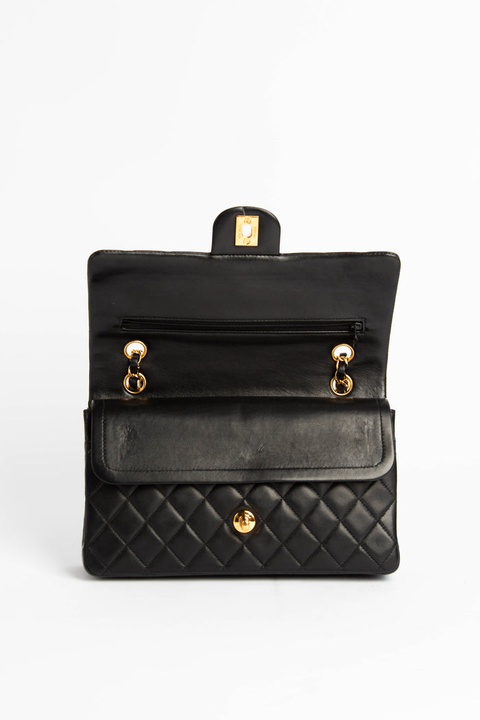 90s Chanel Black Lambskin Medium Classic Double Flap with 24K GHW
