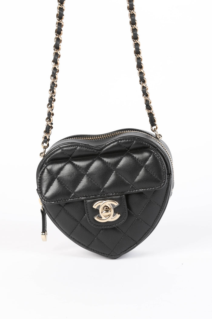 RARE Chanel Black Lambskin Leather Heart Small Cross Body Bag