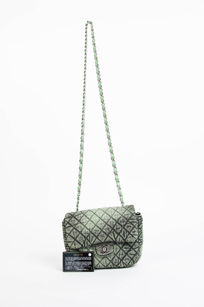 2019 Chanel Washed Green Denimpressions Mini Square Flap Shoulder Bag