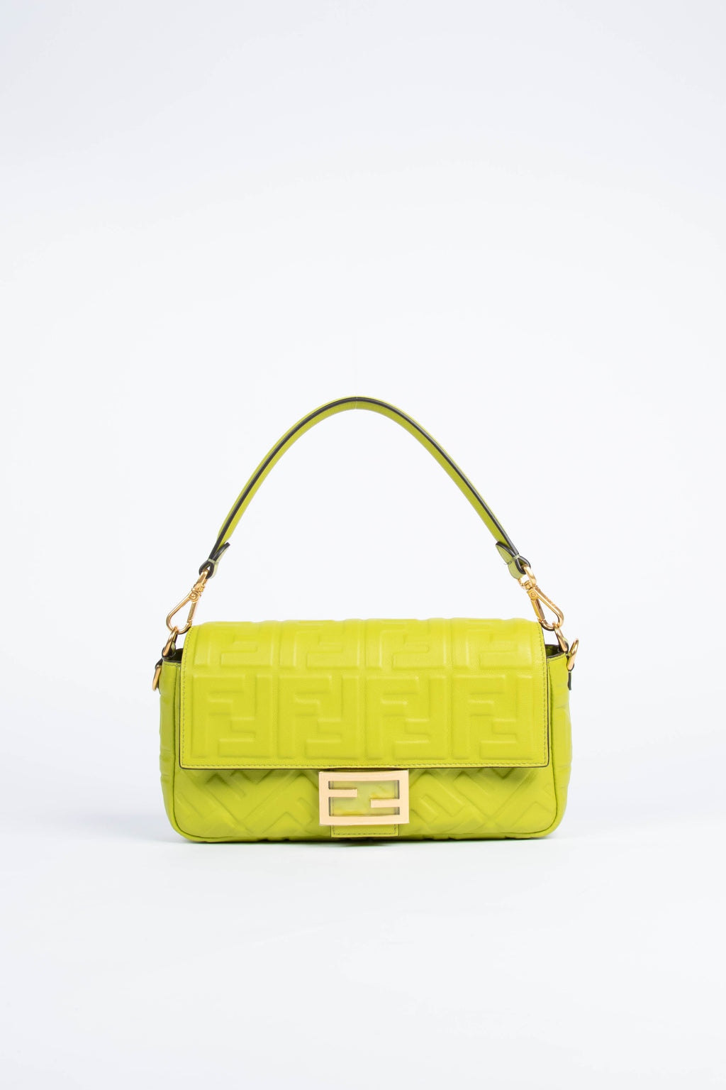 2020 Fendi Green Leather FF Embossed Baguette Shoulder Bag